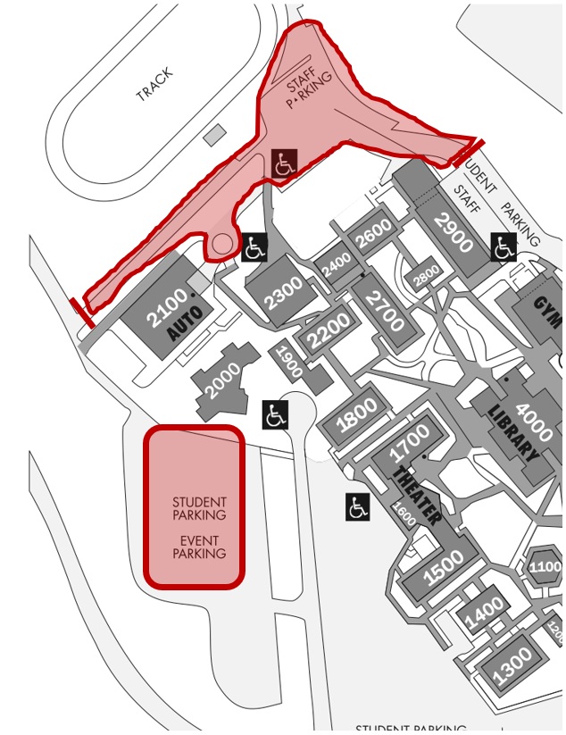 Campus map with affected parking lots highlighted. 