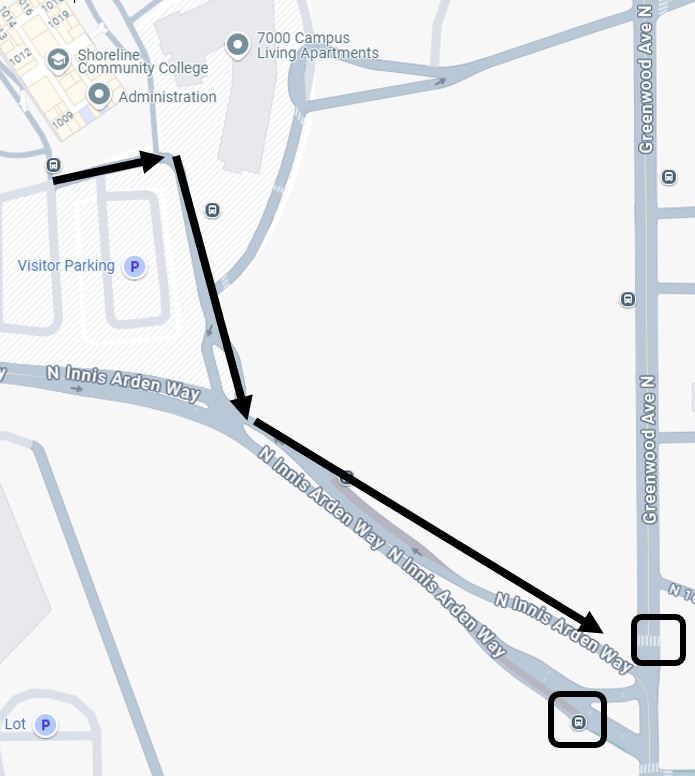 Map of campus with arrows pointing to temporary bus stops. 