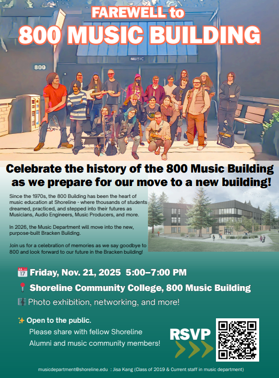 Event flyer featuring pictures of student musicians and an illustration of the new Bracken building. 