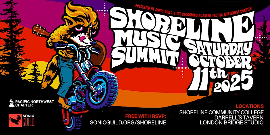 Event flyer featuring a racoon with a guitar riding a motorcycle. 