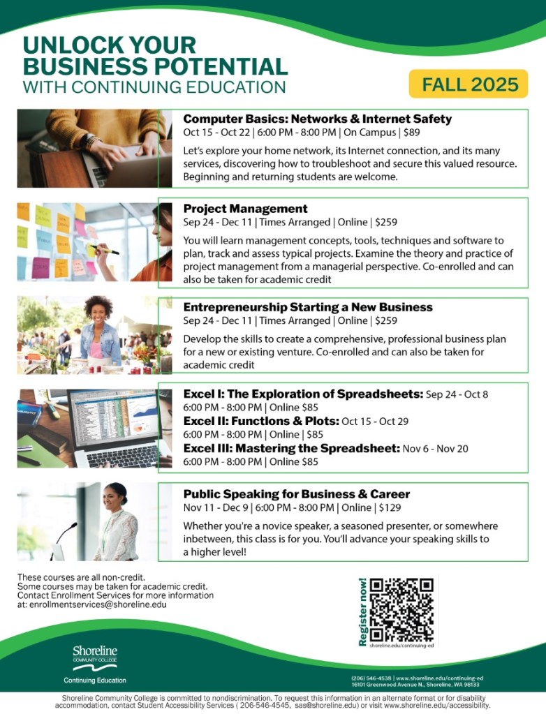 Flyer with QR code linking to the business courses in the catalog. 