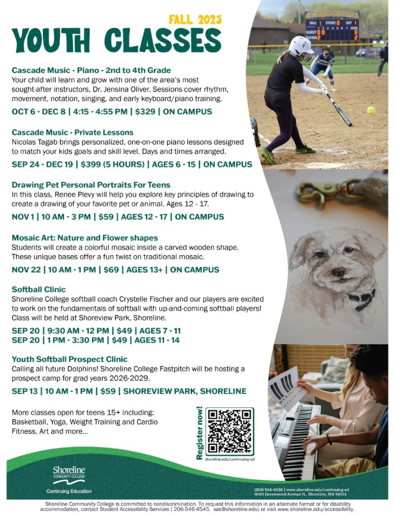 Images from Continuing Educations Youth Activities, including softball, drawing, and piano.