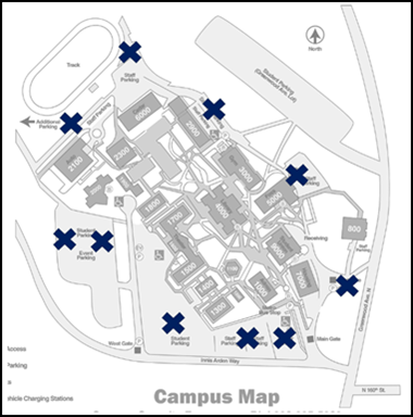 Campus map with evacuation sites marked.