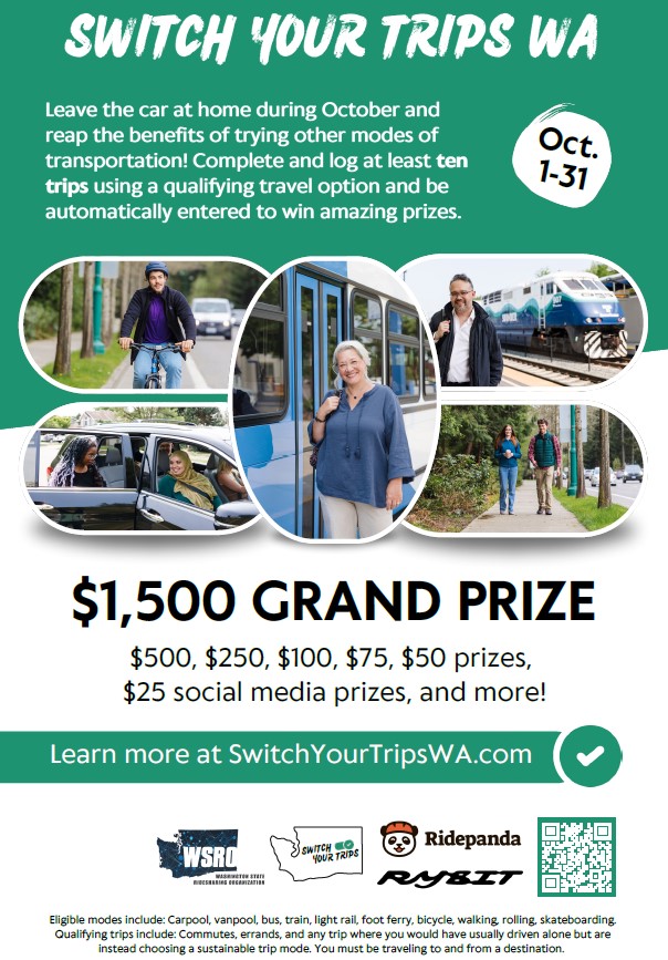 Event flyer featuring photos of people using various forms of transit. 