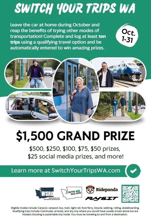 Flyer featuring pictures of people using various forms of transit. 