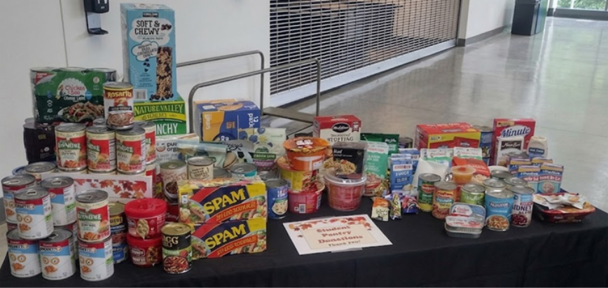 Table filled with canned goods.