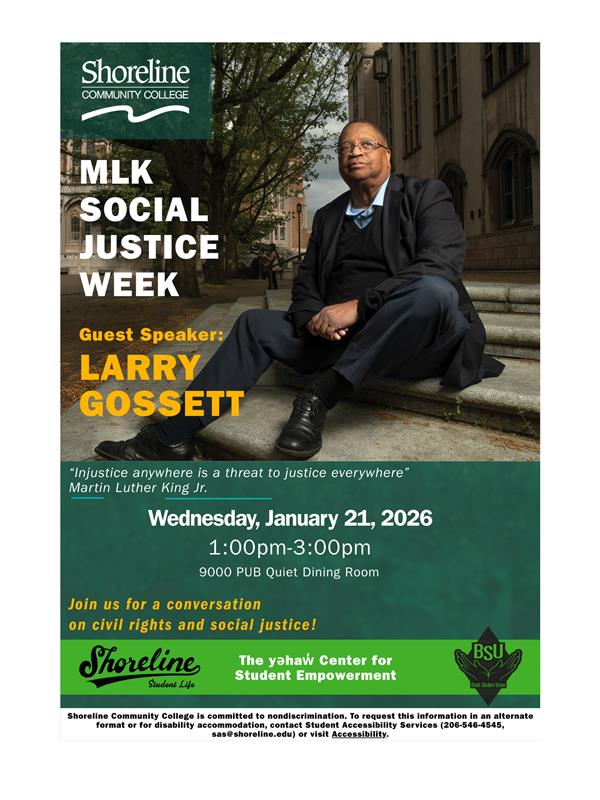 Flyer featuring event details and a photo of Larry Gossett. 