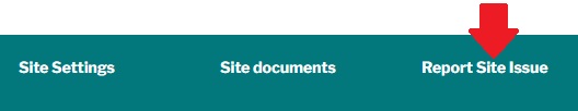 Screenshot of the intranet page, with a red arrow pointing to the "Report Site Issue" button. 
