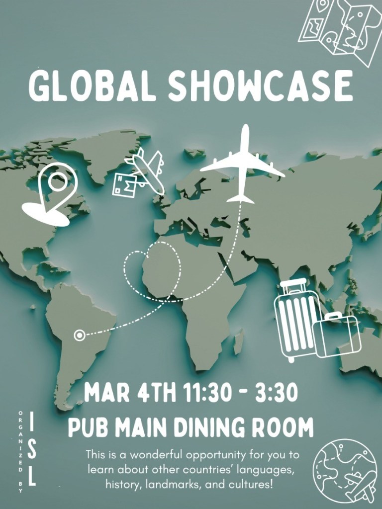 Flyer showing Global Showcase, Date, Time, Location, and Description