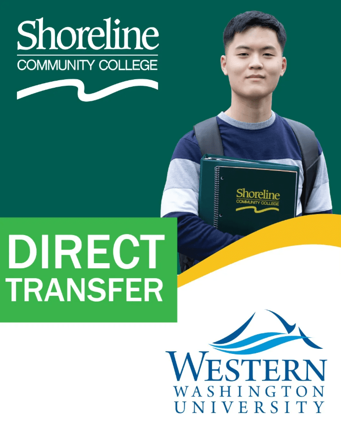 Image of a student holding a notebook, and the logos for Shoreline Community College and Western Washington University. 