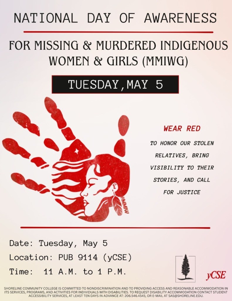 Poster for the National Day of Awareness for Missing & Murdered Indigenous Women & Girls (MMIWG). A red illustrated portrait of a woman is surrounded by red handprints. Text encourages people to wear red to honor stolen relatives and call for justice