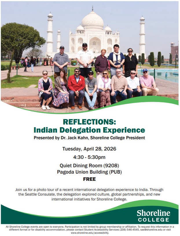 Flyer featuring event details and photo of a group of people in front of the Taj Mahal.