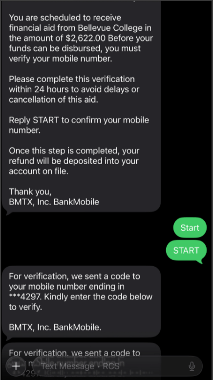 Screenshot of fraudulent text messages.