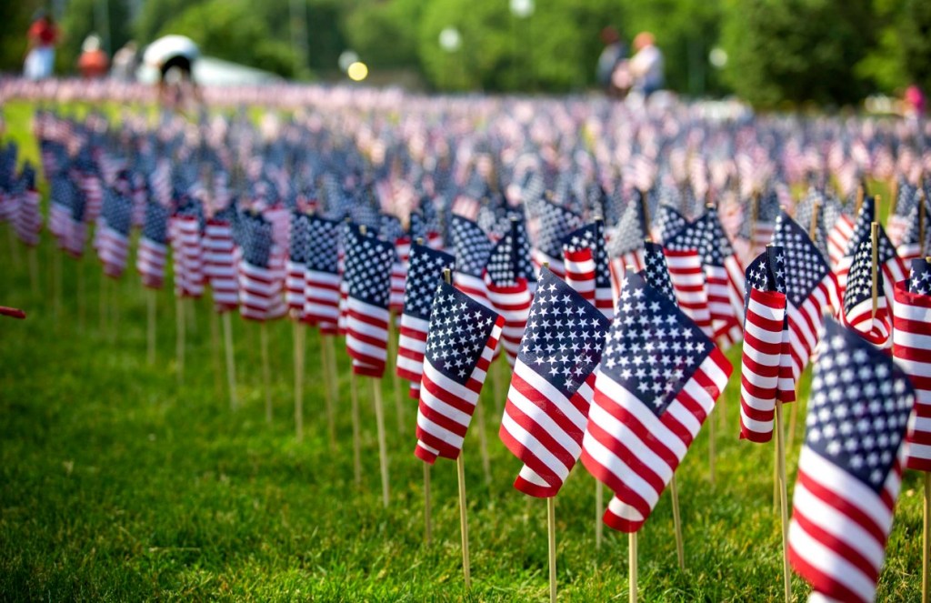 Rows of American flags.