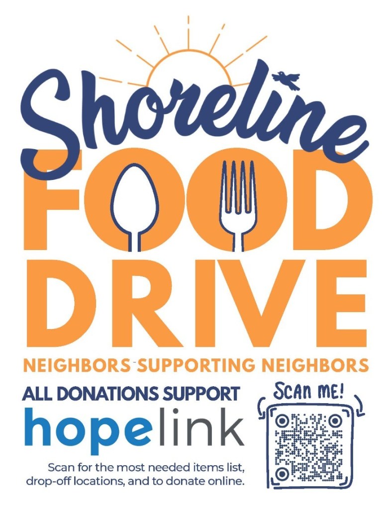 Text indicates Shoreline Food drive to support Hopelink, and includes QR code for details, which is same as the link included.