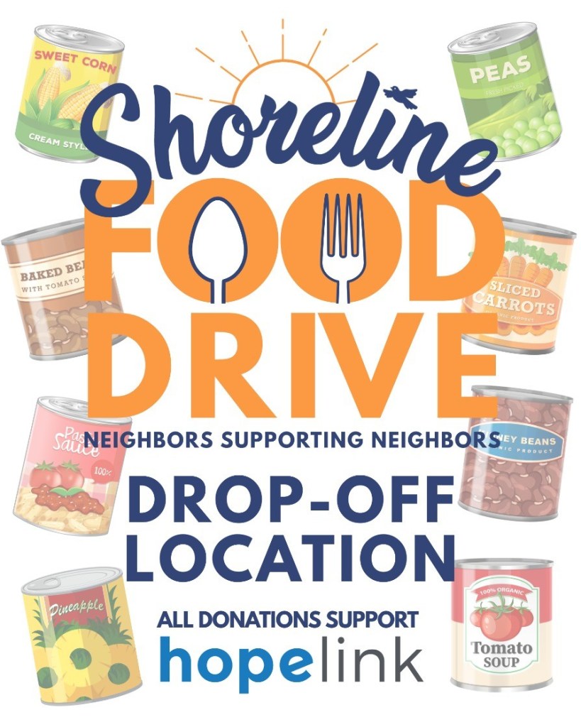 Text indicates Shoreline Food drive to support Hopelink, and includes QR code for details, which is same as the link included.